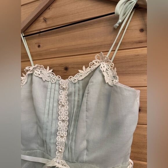 Vintage Size Small Baby Blue Lace Tiered Tie Strap Coquette Prairie Maxi Dress - Picture 4 of 14